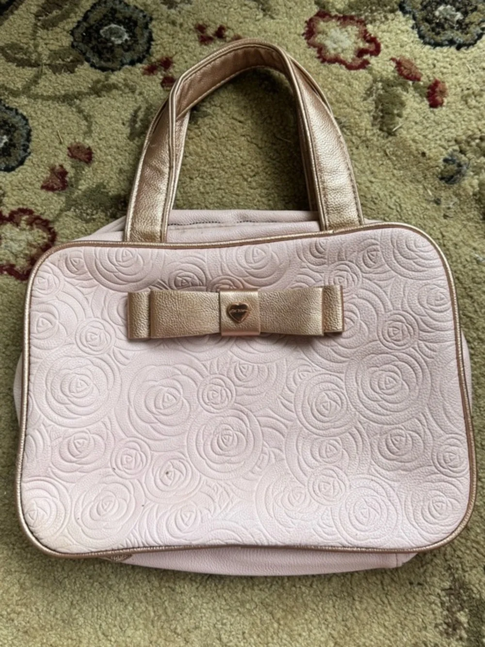 Betsey Johnson Pink Rose Gold Floral Bow Travel Cosmetic Bag